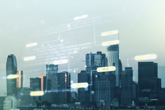 Double exposure of abstract creative programming illustration on Los Angeles office buildings background, big data and blockchain concept