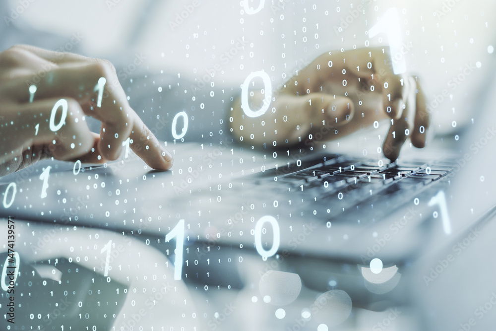 Aufkleber double exposure of creative abstract binary code hologram and hands typing on laptop on background. 