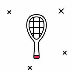 Filled outline Tennis racket icon isolated on white background. Sport equipment. Vector