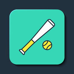 Filled outline Baseball bat with ball icon isolated on blue background. Turquoise square button. Vector