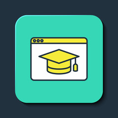 Filled outline Online education and graduation icon isolated on blue background. Online teacher on monitor. Webinar and video seminar learning. Turquoise square button. Vector