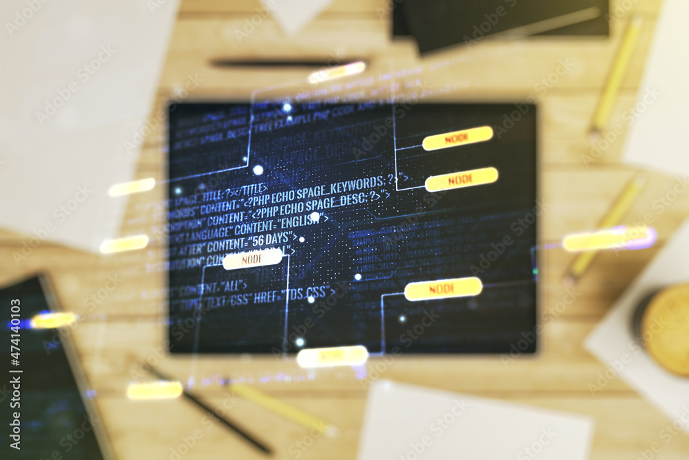 Aufkleber abstract creative coding concept and modern digital tablet on background, top view. multiexposure