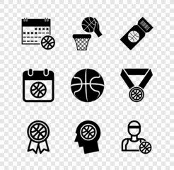 Set Basketball on sport calendar, and basket, game ticket, award, Thoughts basketball, player, and icon. Vector
