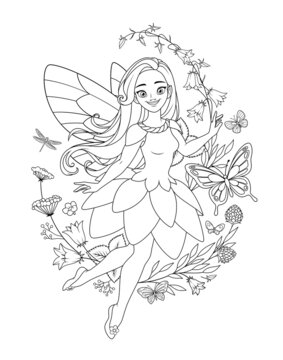 Cute flying fairy with wings surrounded with butterflies and flowers. Vector coloring page.