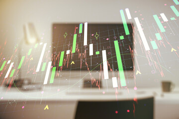 Double exposure of abstract creative financial diagram on modern laptop background, banking and accounting concept