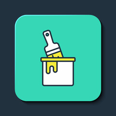 Filled outline Paint bucket with brush icon isolated on blue background. Turquoise square button. Vector