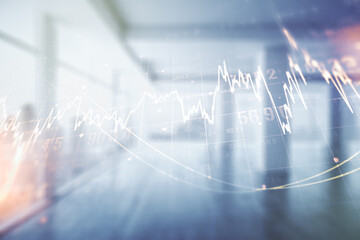 Double exposure of abstract creative financial chart hologram on empty modern office background, research and strategy concept
