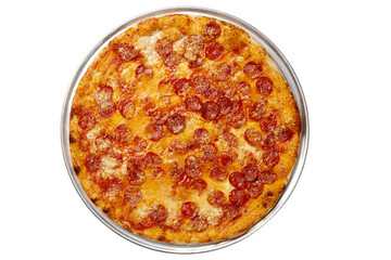 Top view of pepperoni pizza wit sausage, tomato sauce, melted mozzarella isolated on white