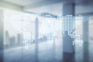Multi exposure of abstract graphic world map on modern interior background, big data and networking concept