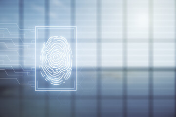 Abstract virtual fingerprint hologram on empty corporate office background. Multiexposure