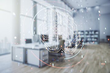 Double exposure of creative human brain microcircuit hologram on a modern furnished office interior background. Future technology and AI concept