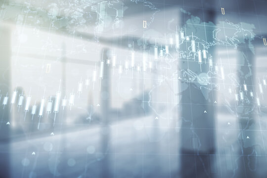 Multi exposure of virtual abstract financial chart hologram and world map on empty modern office background, research and analytics concept