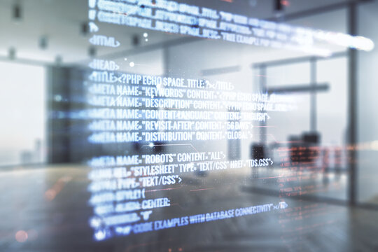 Abstract virtual coding concept on a modern furnished office background. Multiexposure