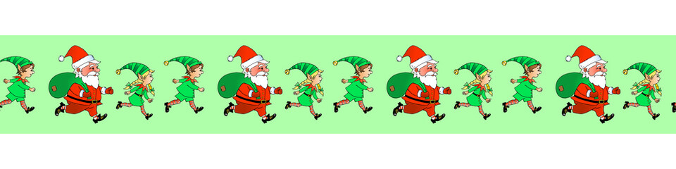 Edging, ribbon, border of Santa Claus and Cute little Christmas Elves. Vector seamless pattern, ornament, decorative element, decoration for New Year, xmas design