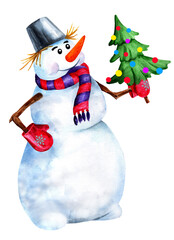 Watercolor snowman with a Christmas tree on a white background