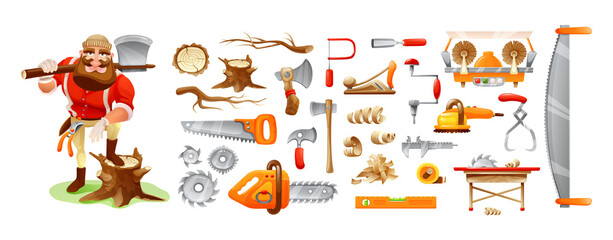 Lumberman cartoon character and tools. Forester, forestry woods industry