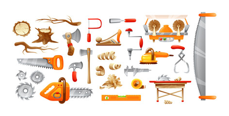 Lumberjack equipment, cutting tools set cartoon vector illustration