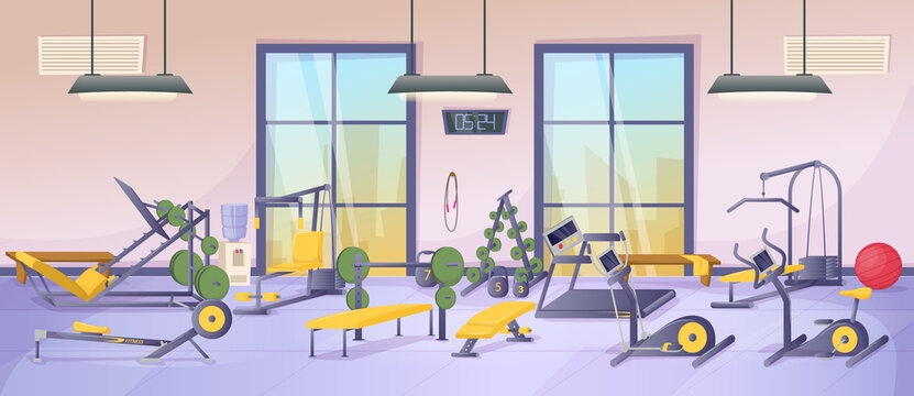 Fitness sports club gym interior with equipment, simulators, machines for body workout