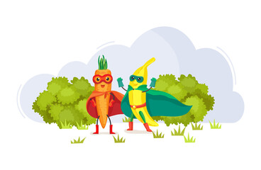 Funny cartoon characters fruits in superhero costumes