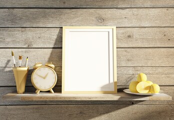 Vertical poster template in the rays of sunshine. Shelf with decorative elements on a wood background. 3D rendering.