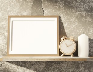 Blank template for inserting a photo on the background of a stone wall. Wooden shelf complemented by new candles and golden alarm clock. 3D rendering.