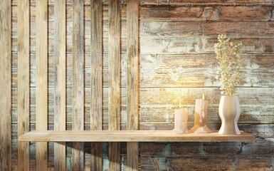 Horizontal wooden shelf decorated with beautiful white flowers in a vase and melting burning candles. Background from vertical wooden planks. 3D rendering.