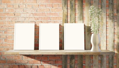 White space book layout to bring your ideas. Wooden shelf with an elegant vase of flowers on a brick wall background. 3D rendering.