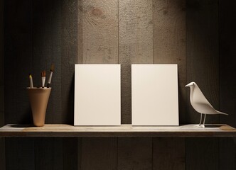 Empty mock-up books located on a shelf with brushes and a wooden figurine of a bird. Background of wooden boards. 3D rendering.