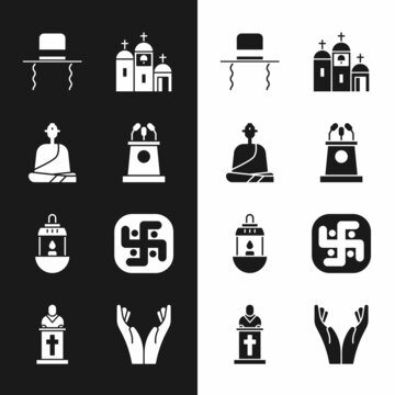 Set Stage stand or tribune, Buddhist monk, Orthodox jewish hat with sidelocks, Church building, Ramadan Kareem lantern, Jainism, Hands praying position and pastor preaching icon. Vector