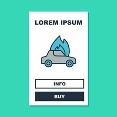 Filled outline Burning car icon isolated on turquoise background. Car on fire. Broken auto covered with fire and smoke. Vector