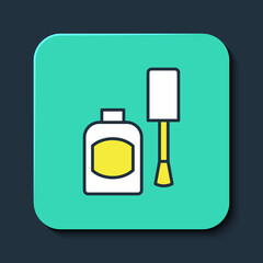 Filled outline Bottle of nail polish icon isolated on blue background. Turquoise square button. Vector