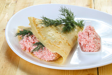 Pancake with crab and cream