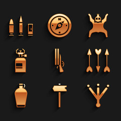 Set Shotgun, Road traffic sign, Bird footprint, Hipster arrows, Canteen water bottle, Camping gas stove, Bear skin and Bullet and cartridge icon. Vector