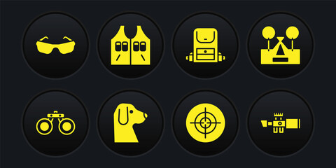 Set Binoculars, Tourist tent, Dog, Target sport, Hiking backpack, Hunting jacket, Sniper optical sight and Glasses icon. Vector