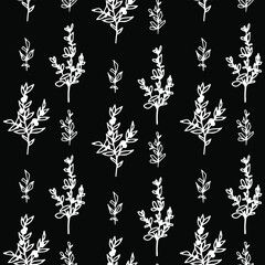 Seamless floral pattern with decorative white flowers, branches, grass and leaves. Black isolated background. Botanical print. Great for fabrics, textiles, cards. - 474141995