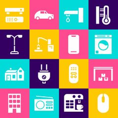 Set Computer mouse, Warehouse, Washer, Water tap, Robotic robot arm hand factory, Street light, Multimedia TV box and Smartphone icon. Vector
