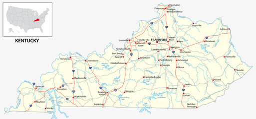road map of the US American State of Kentucky - obrazy, fototapety, plakaty
