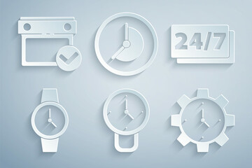 Set Clock, 24 hours, Wrist watch, Time Management, and Calendar with check mark icon. Vector