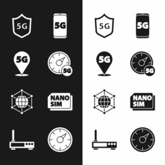 Set Digital speed meter 5G, Location network, Protective shield, Mobile with, Social, Nano Sim Card, and Router and wi-fi signal icon. Vector