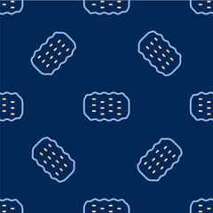 Line Sponge icon isolated seamless pattern on blue background. Wisp of bast for washing dishes. Cleaning service logo. Vector