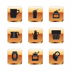 Set Coffee cup, Bag coffee beans, Manual grinder, Teapot, Barista and Milkshake icon. Vector