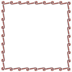 Vector background, frame, border from red candy cane. Bright edging, decoration on theme sweet New Year and Christmas. For greeting cards, invitations, xmas design