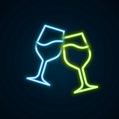 Glowing neon line Wine glass icon isolated on black background. Wineglass sign. Colorful outline concept. Vector
