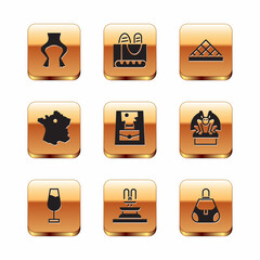 Set Frog legs, Wine glass, Fountain, Handbag, Map of France, Louvre museum, and French baguette bread icon. Vector