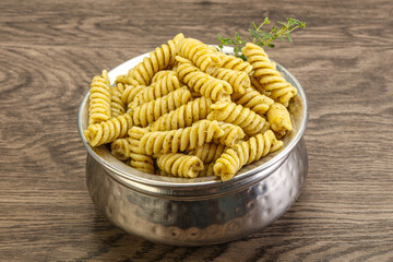 Italian pasta Fusilli with pesto
