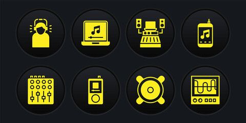 Set Sound mixer controller, Music player, Stereo speaker, recording studio, Laptop with music note, Oscilloscope and Man headphones icon. Vector