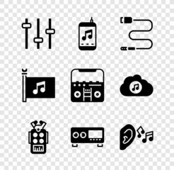 Set Music equalizer, player, Audio jack, Microphone, Guitar amplifier, Ear listen sound signal, festival flag and Home stereo with speakers icon. Vector