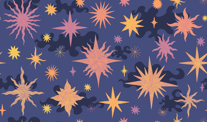 Set star celestial seamless pattern background. Drawing element collection flat cartoon. Space sky abstract.