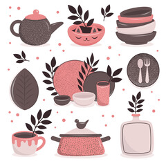 A set of handmade ceramic dishes. Craft utensils for breakfast, lunch and dinner, plate, teapot, bowl, cup, saucepan. Handmade texture. Vector illustration