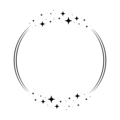 Sparkle star circle frame. Wreath round stardust border for party, birthday decor design. Laurel frame with, cosmic glitter shine. Isolated black flat vector illustration.